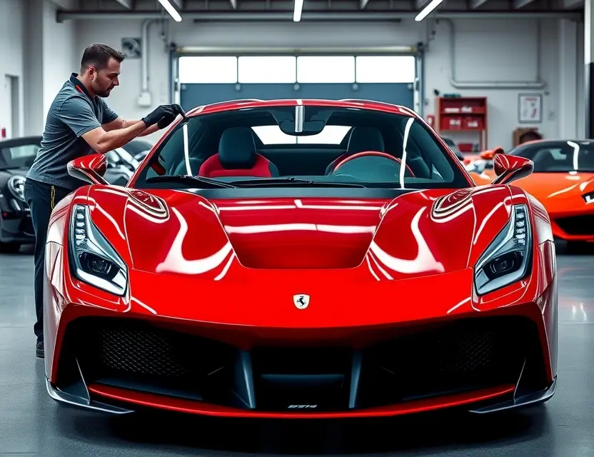 Замена лобового стекла Ferrari SF90 Stradale A detailed view of a professional technician replacing the windshield of a Ferrari SF90 Stradale in a well-lit garage. The car should be positioned with the front facing the viewer, showcasing the intricate process of windshield replacement. The technician should be wearing appropriate safety gear and using specialized tools. The garage should be clean and organized, with other high-end cars visible in the background.