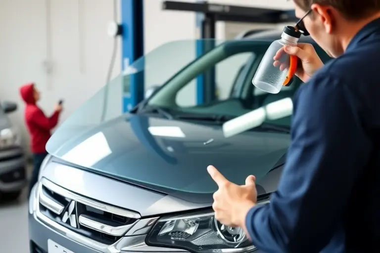 A detailed workshop scene showing a mechanic replacing the windshield of a 2023 Mitsubishi ASX 1.0 Turbo 90 hp. The car is positioned on a lift or stand, the old windshield is partially removed, and a new clear glass panel is being fitted. Tools such as a suction cup, a glass cutter, and a sealant dispenser are visible. The focus is on the automotive repair process, with emphasis on the car’s front, the windshield, and the mechanic’s hands and tools. The background should be a clean, well-lit garage setting with subtle equipment and safety gear in the background. The image should convey a realistic, professional automotive repair environment.
