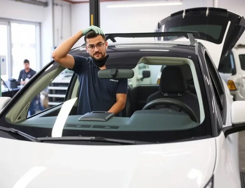 A professional automotive technician replacing the windshield of an XPeng electric vehicle in a modern service center, with tools and equipment visible, clean and well-lit environment, no people in the background, focus on the vehicle and the replacement process