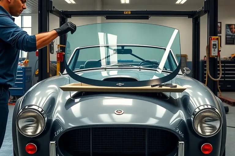 A realistic depiction of a mechanic in a workshop replacing the windshield of a Lister LFT 666 5.0 V8 Supercharged car. The scene shows the car's front, the mechanic wearing gloves, a new windshield on a tray, and tools around. The setting is a well-lit garage with a workbench, a car lift, and a clear view of the car's front hood and windshield area. The image captures the precision and care of the replacement process, focusing on the car's front and the mechanic's hands.