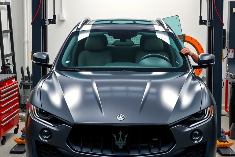 A detailed, realistic depiction of a mechanic replacing the windshield of a Maserati Levante 3.0 V6 Twin Turbo 430. The scene shows the car on a lift, the old windshield removed, a new clear glass panel being fitted, with automotive tools and a clean garage environment. Focus on the precision of the replacement, the car's sleek design, and the technician's hands and tools.