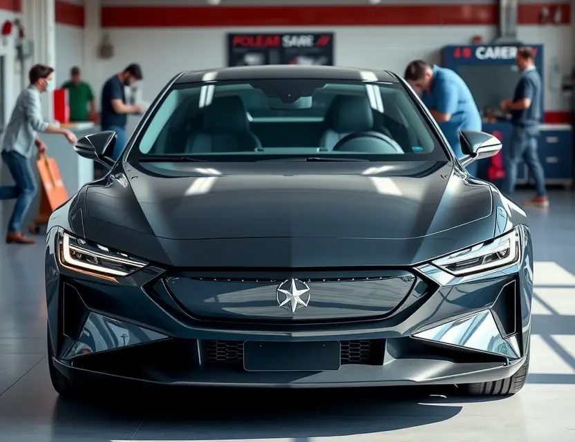 A high-quality, realistic image of a Polestar electric car with its front windshield being replaced, showing the car in a professional auto repair shop setting with tools and technicians working on the windshield replacement, emphasizing the sleek design of the Polestar vehicle and the precision of the glass replacement process