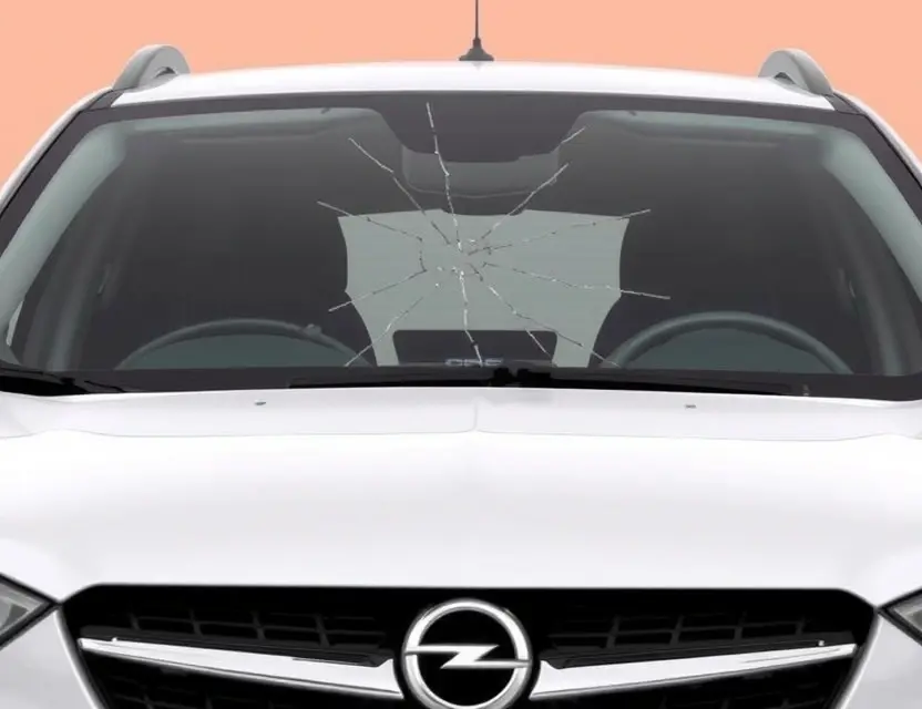 A close-up shot of an Opel Mokka with a cracked windshield, showing the area where the windshield needs replacement. The background should be a clean, neutral color.
