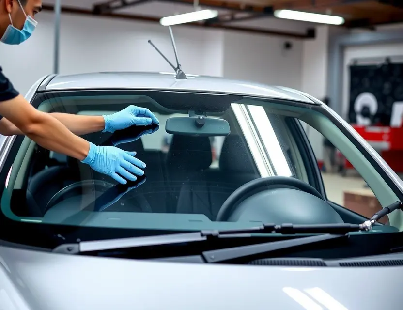Замена лобового стекла Maruti Suzuki A detailed view of a professional technician replacing the windshield of a Maruti Suzuki car. The technician should be wearing safety gloves and using appropriate tools. The car should be parked in a well-lit garage or service center. The windshield should be partially removed, showing the process of installation. The surrounding area should be clean and organized.