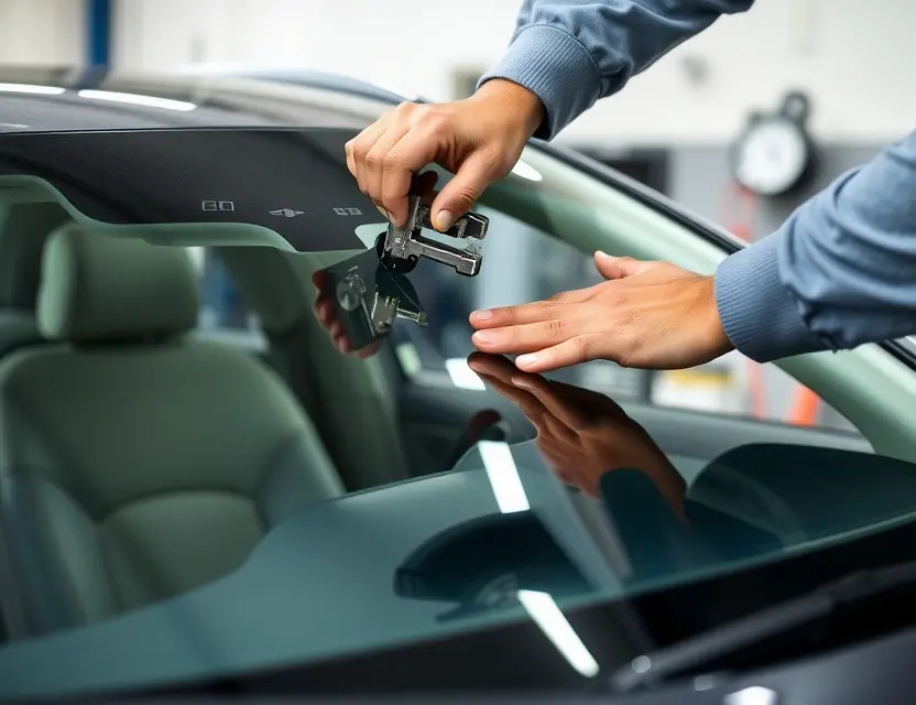 A close-up shot of a car windshield being replaced by a technician. The windshield replacement process should be clearly visible, showing the tools and the technician's hands working on the glass. The car should be a modern sedan, and the background should be a garage or workshop setting.