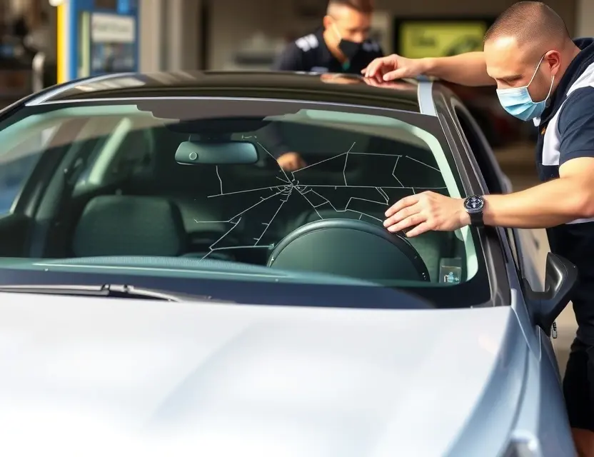 A Peugeot 508 with a cracked windshield being replaced by a technician. The scene should be outdoors, possibly at a service station. Focus on the replacement process and the new windshield.