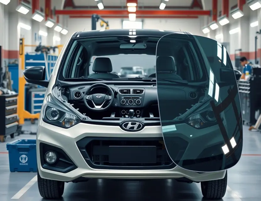 A high-quality, realistic photo of a Changan car in a professional auto repair shop with its front windshield removed, showing the empty frame and the interior dashboard, with a new windshield panel resting nearby on a protective stand, bright workshop lighting, clean environment, no people, no text, no logos