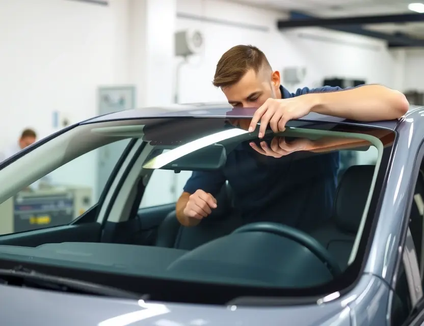 A high-quality image depicting a car windshield replacement service offered by Imperial. The image should showcase a technician working on a car windshield, with the replaced glass clearly visible. The car should be a modern sedan, and the setting should be a clean, professional workshop environment. Focus on the precision and quality of the replacement.