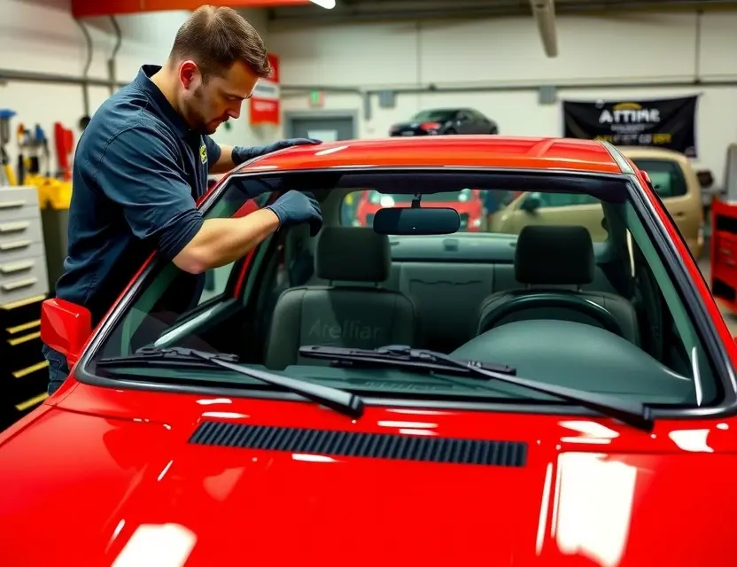 A detailed view of a professional mechanic replacing the windshield of a Lancia Delta Integrale. The car should be in a well-lit garage with tools and equipment around. The mechanic should be wearing safety gear and carefully handling the new windshield glass.