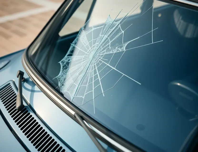 A close-up shot of a LADA Granta with a cracked windshield, showing the damage clearly. The car is parked on a clean, bright surface. Focus on the cracked area and the surrounding glass.