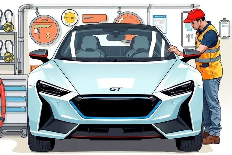A detailed illustration of a mechanic replacing the windshield on a Hyptec GT electric car, showing the car's front, the old windshield removed, the new windshield being installed, with tools and safety gear, in a workshop setting.