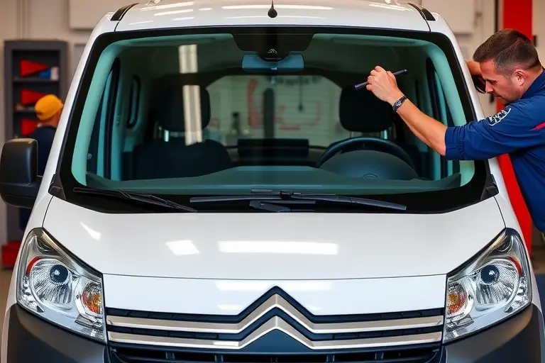 A mechanic installing a new windshield on a Citroën Berlingo 1.2 PureTech 130 hp, showing the car's front, the new glass, tools, and the replacement process in a realistic, detailed style, with no text or lettering in the image