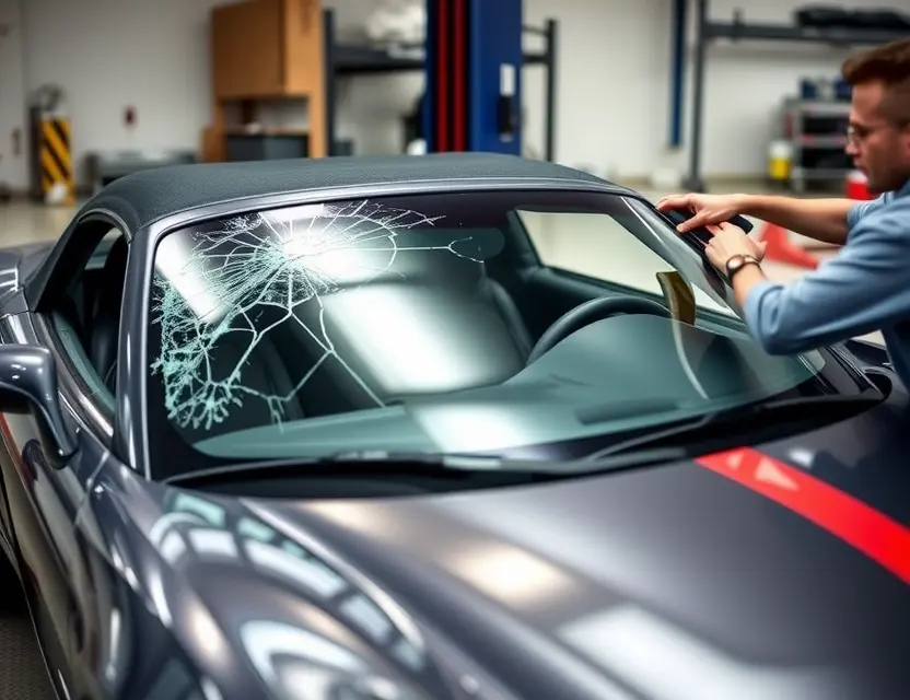 A Saturn Sky Red Line with a cracked windshield being replaced by a mechanic. The car is parked on a service lift in a garage. Focus on the replacement process and the mechanic's tools.
