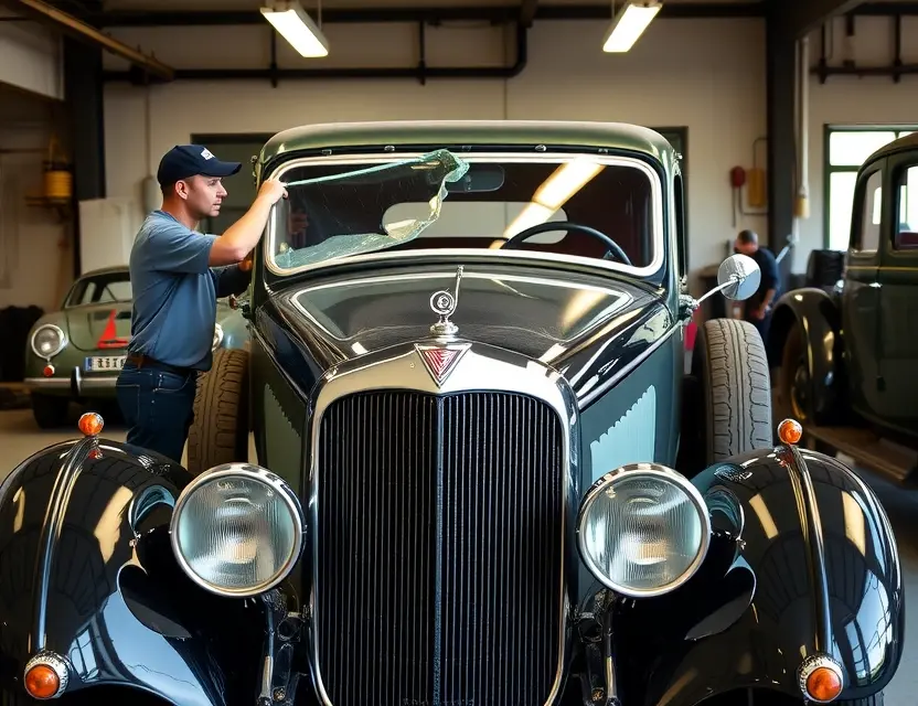 Замена лобового стекла Delahaye A vintage Delahaye automobile with a damaged front windshield being carefully replaced by a skilled mechanic in a well-lit garage, tools and replacement glass visible, classic 1930s automotive repair setting, no people in the foreground, realistic lighting, high detail