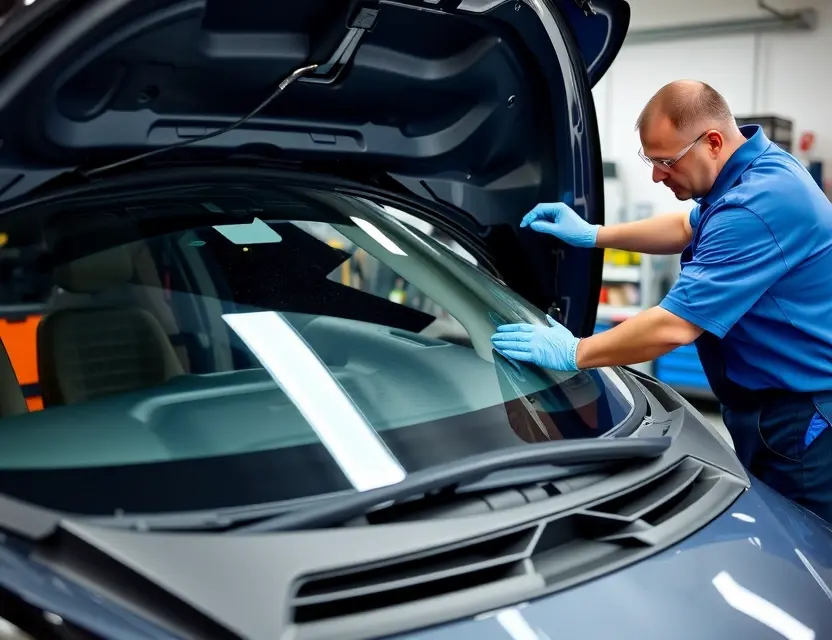 A detailed view of a technician replacing the windshield of a FAW Senia R7 car. The image should show the car with its hood open, the old windshield being carefully removed, and the new windshield being prepared for installation. The technician should be wearing appropriate safety gear, such as gloves and goggles. The setting should be a well-lit garage or service center with necessary tools and equipment visible in the background.