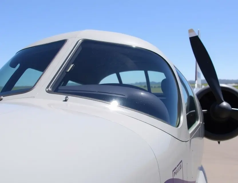A Bristol Blenheim aircraft with a replaced windshield, showcasing the new glass. The aircraft is parked on a tarmac, with a clear blue sky in the background. Focus on the detail of the replacement windshield.
