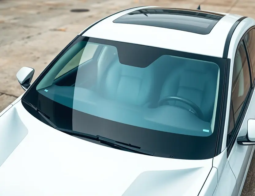 A high-quality image depicting a NIO ET5 car with a replaced windshield. The car is parked on a clean, well-lit surface. The replaced windshield should be seamlessly integrated with the original, showing no visible seams or imperfections. Focus on the clarity and visibility through the new windshield.