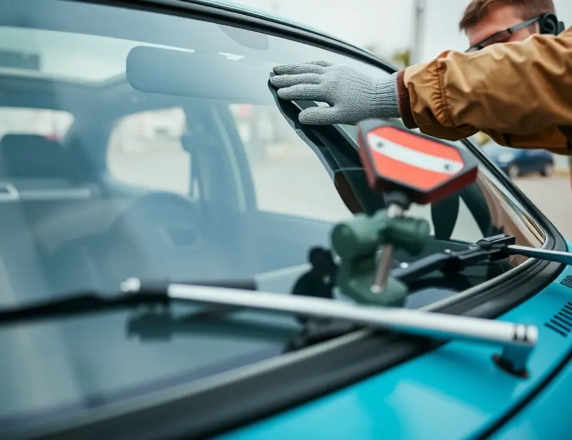 A close-up shot of a ZAZ 965 car windshield being replaced by a mechanic. The mechanic is wearing gloves and a safety glasses. The windshield replacement process is visible. The car is parked outdoors.