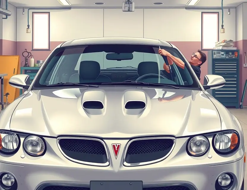 A detailed illustration of a Pontiac GTO with its windshield being replaced, showing a mechanic carefully installing a new windshield using suction cups and sealant, the car parked in a professional auto glass repair shop with tools and materials visible, soft natural lighting from overhead windows, focus on the windshield installation process, realistic textures of glass, rubber gasket, and car metal, no text or logos on the windshield or car body