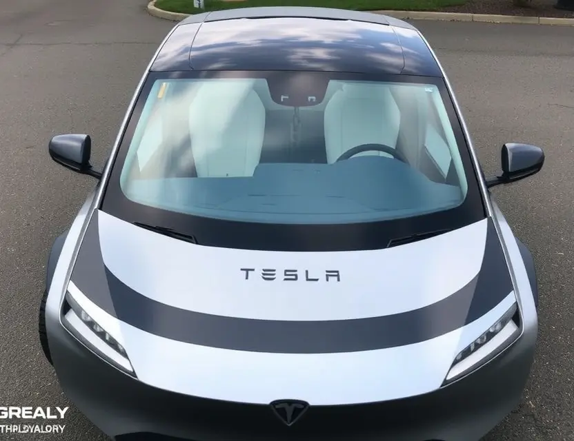 A Tesla Cybertruck with a replaced windshield, showcasing the new glass. The Cybertruck should be parked on a clean, slightly reflective surface, possibly asphalt. The replacement windshield should be seamlessly integrated with the vehicle's design. Focus on the clarity and quality of the new windshield.