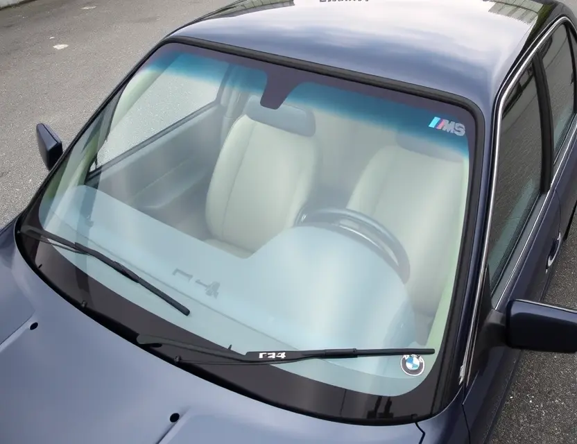 A high-quality image depicting a BMW M5 (E34) with a replaced windshield. The windshield is visibly new and clear, contrasting with the older, original windshield. The car is parked outdoors on a clean asphalt surface. Focus on the details of the replacement and the overall condition of the vehicle.