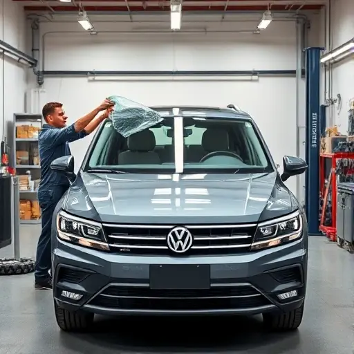 A professional mechanic in a clean workshop carefully removing the damaged windshield from a 2023 Volkswagen Tiguan 2.0 TSI (190 hp) and installing a new clear windshield, with the vehicle positioned centrally, tools neatly arranged, and a focus on the precise alignment of the glass and the car's body lines. The scene should convey a realistic, high‑quality depiction of the windshield replacement process.