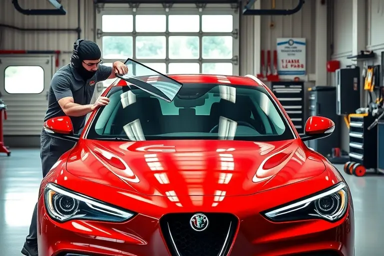 A realistic high‑resolution scene of an Alfa Romeo Stelvio 2.0 Turbo in a workshop, with a technician in protective gear carefully removing a cracked windshield and holding a new glass panel, surrounded by automotive tools and a clean, well‑lit background, focusing on the car and the windshield replacement process