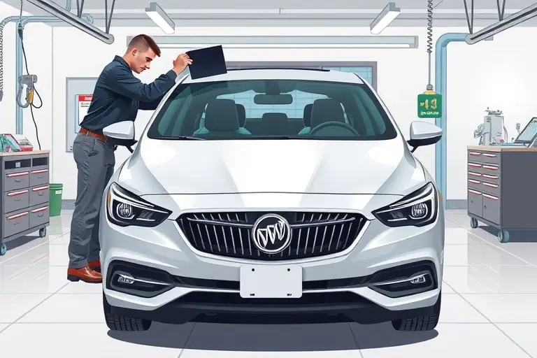 A detailed illustration of a 2018 Buick LaCrosse sedan with its front windshield being professionally replaced. The scene shows a skilled mechanic in a clean garage, using suction cups and a windshield removal tool, with the old glass lifted away and a new windshield positioned ready for installation. The car is centered, the background is a well-lit workshop with tools and safety equipment, no other vehicles or brand logos visible.