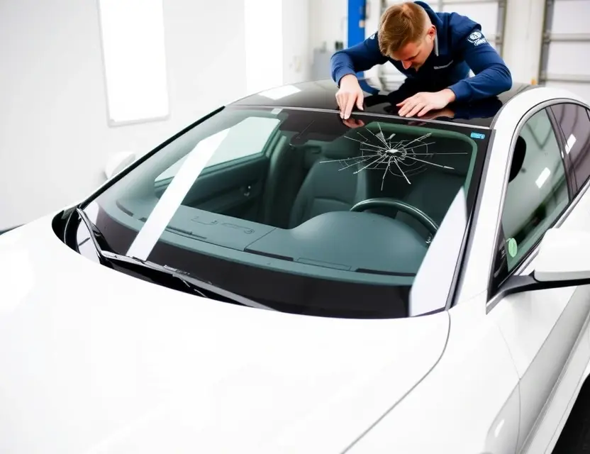 A Polestar 2 with a cracked windshield being replaced by a technician. The car is parked on a clean, well-lit service bay. Focus on the replacement process, showing the technician working on the new windshield.