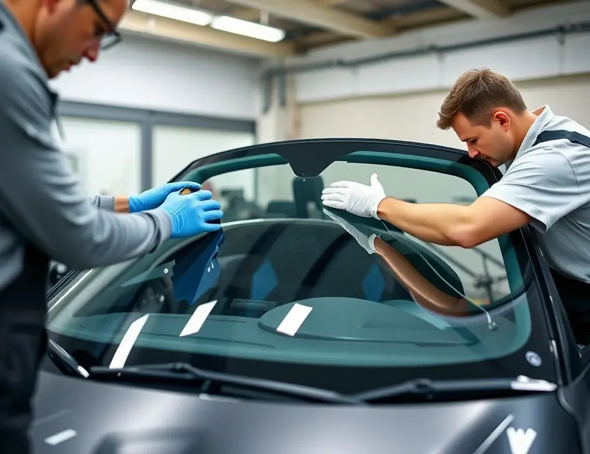 A professional auto glass technician carefully replacing the windshield of a Hyptec GT car. The technician is wearing safety gloves and using specialized tools to remove the old windshield and install the new one. The car is parked in a well-lit garage or service bay, with the hood open to show the engine. The new windshield is being positioned precisely, and the technician is ensuring it fits perfectly. The scene should convey a sense of professionalism and attention to detail.