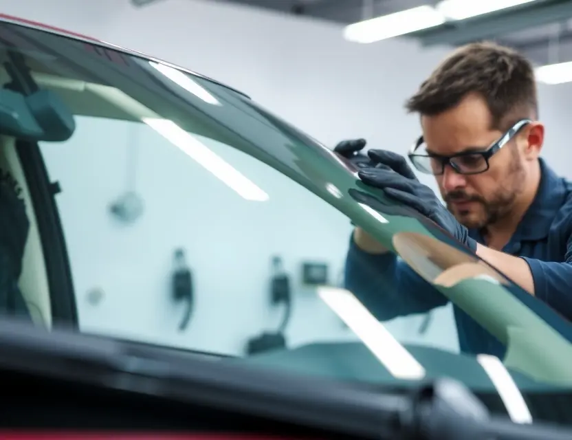 A close-up shot of a Holden car windshield being replaced by a technician. The technician is wearing safety glasses and gloves, and the windshield replacement tools are visible. The background is a clean, well-lit garage or workshop.