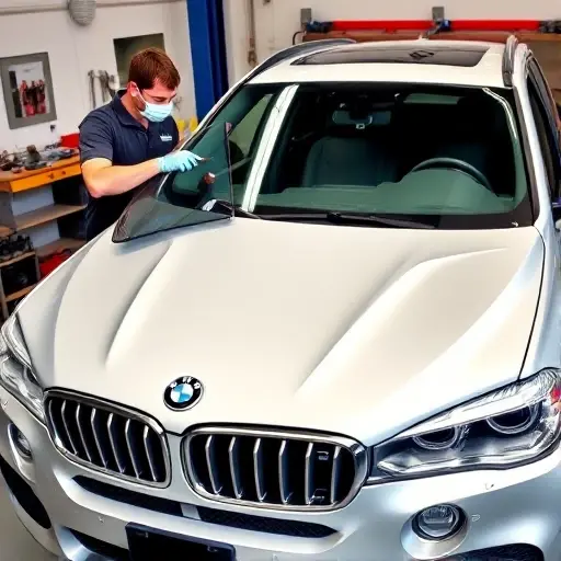 A detailed workshop scene showing a mechanic carefully removing the old windshield from a 2015 BMW X5M 4.4 V8 600 hp, with the car's front exposed. The mechanic is wearing protective gloves and a face mask, using a specialized windshield removal tool. The new clear windshield is being positioned and secured with a professional sealant. The background includes a clean garage environment with automotive tools and a workbench. The focus is on the precision of the replacement process, highlighting the car's sleek front design and the technician's careful handling.