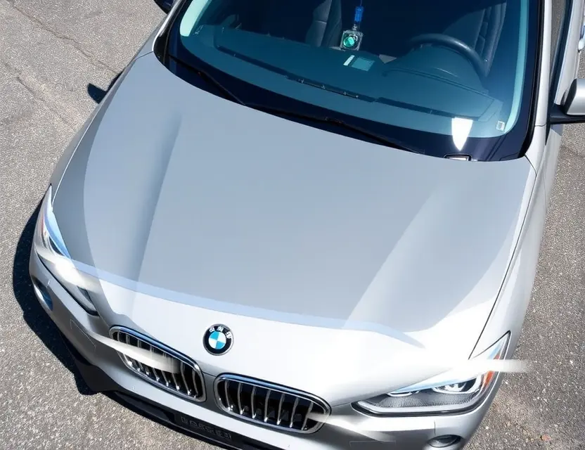 A high-quality image depicting a BMW X1 with a replaced windshield. The windshield is clear and new, seamlessly integrated with the existing frame. The car is parked outdoors on a clean asphalt surface. Focus on the detail of the replacement and the overall aesthetic of the vehicle.