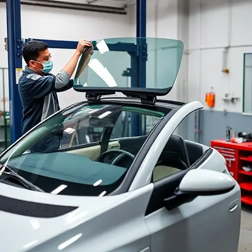 A mechanic in a workshop replacing the windshield of a BAIC EU7 electric car. The car is partially lifted on a hydraulic lift, the old windshield is removed, and a new clear windshield is being fitted. The scene shows tools, a safety mask, and a clean, well-lit environment.