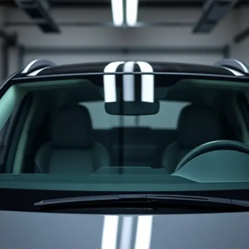 A clean, high-quality close-up of the front windshield of an Arcfox Alpha T electric SUV, showing the glass surface and the surrounding black rubber seal, with a blurred modern garage background, realistic lighting, no text, no logos, no people