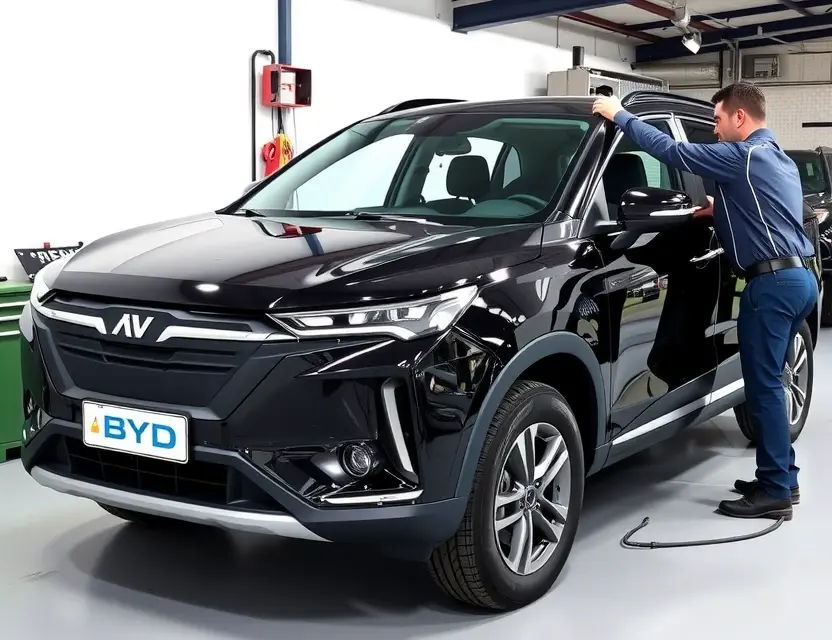 Замена лобового стекла BYD Tang A high-quality, realistic photo of a BYD Tang SUV with its front windshield being replaced by a technician in a professional auto glass shop. The scene shows the vehicle with the old glass removed and a new clear windshield being carefully installed. The car is parked on a clean workshop floor with tools and safety equipment visible in the background. Bright, even lighting highlights the sleek design of the BYD Tang and the precision of the installation process. No text, logos, or watermarks are