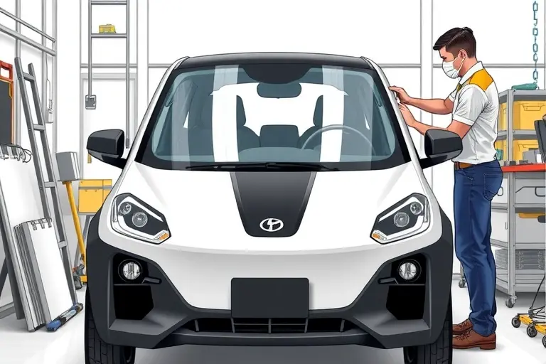 A detailed illustration of a mechanic replacing the windshield of a Leapmotor C11 electric car in a workshop, showing the car's front, the new windshield being installed, tools, and a clean, professional environment.