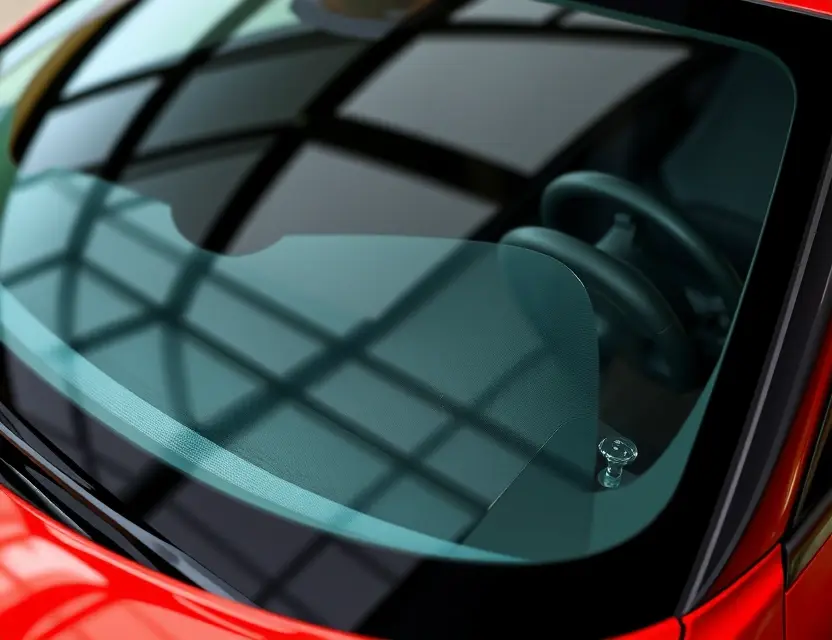 A close-up shot of a Cupra Born with a replaced windshield, showcasing the new glass and the surrounding car details. The focus should be on the clarity and quality of the replacement windshield.