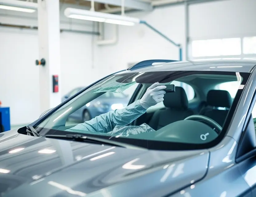 A car with a damaged front windshield being replaced by a professional technician in a well-lit auto service center, showing the new windshield being installed with precision tools, clean and modern environment, no text or logos