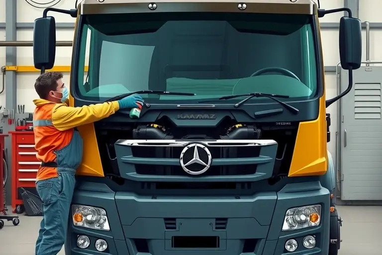 A detailed, realistic illustration of a mechanic replacing the windshield on a Kamaz 65115 truck. The scene shows the front of the truck with its V8 Cummins 6.7 diesel engine exposed, the old windshield removed and a new one being fitted. The mechanic is wearing protective gear, using a specialized windshield removal tool and a suction device to hold the new glass. The background includes a workbench with tools, a safety harness, and a clear view of the truck’s front frame and bumper. The focus is on the mechanical process, the truck’s design, and the tools used, all rendered in high detail and realistic lighting.