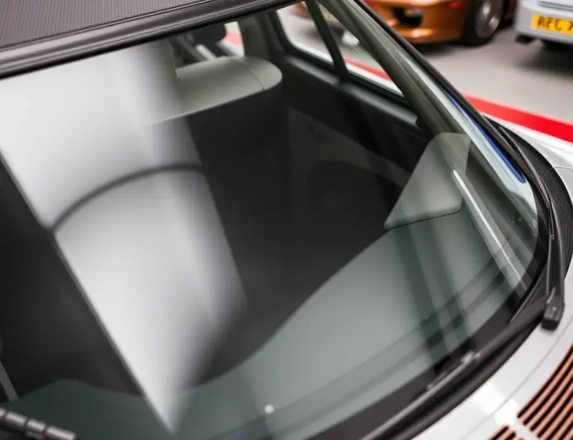 A close-up shot of a TVR Chimaera with a replaced windshield, showcasing the new glass and the surrounding vehicle details. The focus should be on the seamless integration of the replacement windshield with the car's body.