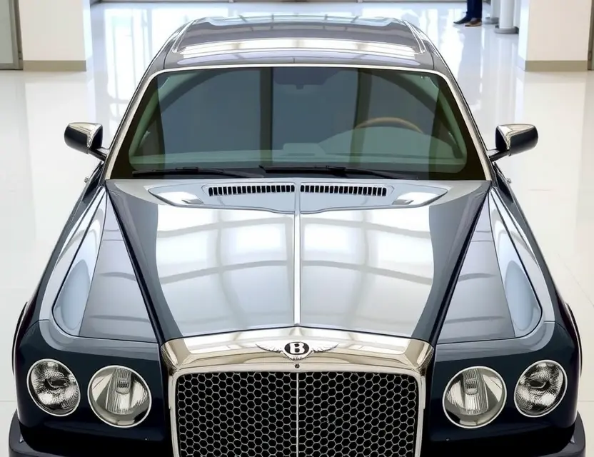 A high-quality image depicting a Bentley Eight with a replaced windshield. The windshield is seamlessly integrated with the new glass, showing a clear, modern replacement. The car is parked on a clean, well-lit showroom floor. Focus on the details of the windshield replacement and the car's luxurious exterior.