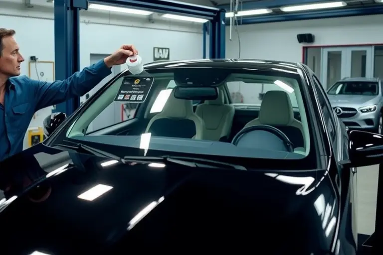 A detailed scene of a technician replacing the windshield of a Mercedes Benz EQE 350 electric car. The car is on a hydraulic lift in a clean workshop. The old windshield is being removed, and a new clear glass panel is being fitted. Tools such as a suction cup, a glass cutter, and a cleaning cloth are visible. The background shows a modern automotive repair bay with safety equipment and a subtle reflection of the car's sleek body.