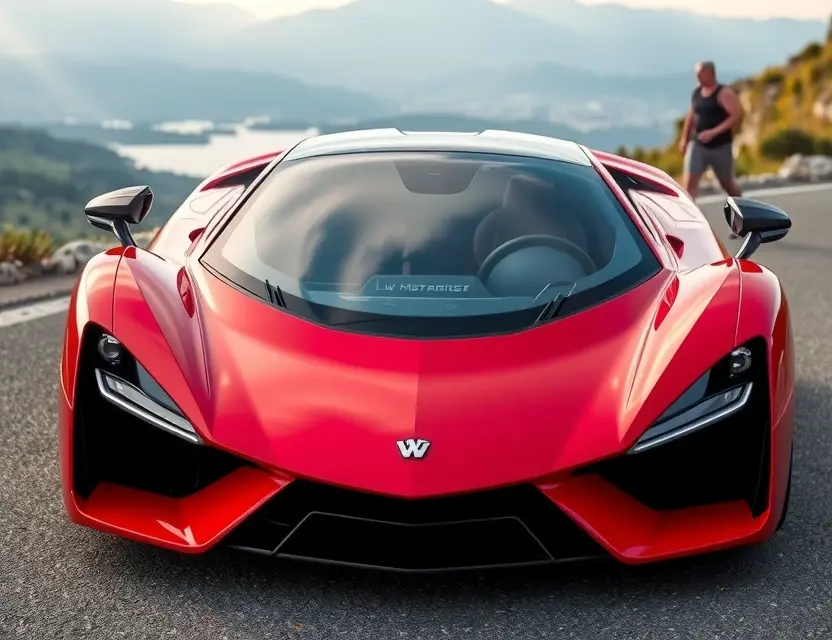 A high-quality, detailed image of a W Motors Lykan Hypercar with a replaced windshield. The car is parked on a scenic road, showcasing its sleek design and vibrant color. The replaced windshield is seamlessly integrated, reflecting the surrounding environment. Focus on the car's aerodynamic features and luxurious details.