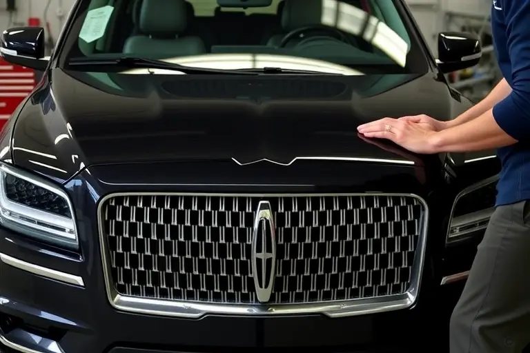 A detailed scene of a mechanic replacing the windshield on a Lincoln Navigator 3.5 V6 Twin Turbo 440, showing the car's front, the new windshield, tools, and the mechanic's hands, with a clean, realistic style, no text or lettering