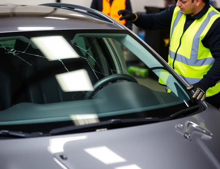 A Citroën C5 X with a cracked windshield being replaced by a mechanic. The mechanic is wearing a safety vest and gloves, and the replacement windshield is being installed. The background shows a garage or workshop setting.