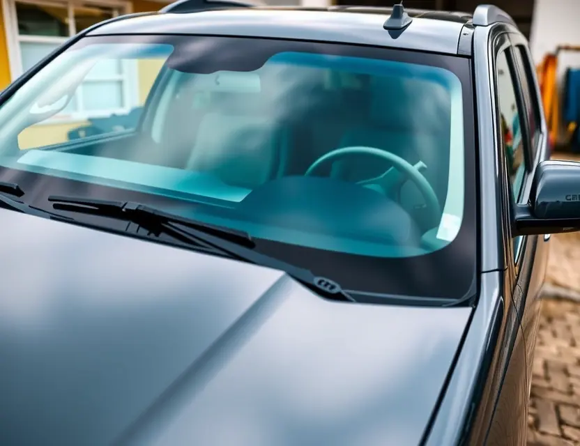 A high-quality image depicting a GMC Yukon with a replaced windshield. The windshield is clear and undamaged, showing a modern, clean appearance. The vehicle is parked outdoors on a paved surface, with a slightly blurred background suggesting a garage or repair shop. Focus should be on the replaced windshield and the overall condition of the vehicle.