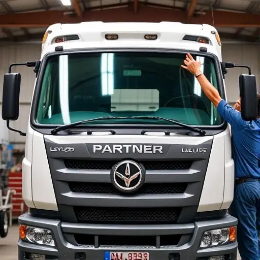 A professional automotive workshop scene showing a mechanic carefully installing a new windshield on an Ashok Leyland Partner truck. The truck is parked indoors with good lighting, highlighting the clean glass and the vehicle's front grille. The mechanic is wearing safety gear and using proper tools. The image focuses on the precision of the installation process without any visible text or logos.
