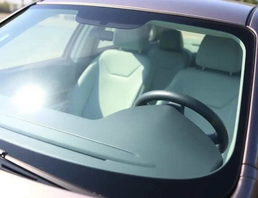 A Voyah Dream car with a replaced windshield, showcasing the new glass. The car is parked outdoors on a sunny day. Focus on the clarity and quality of the replacement windshield.