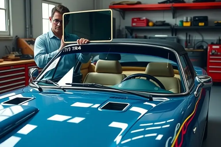 A TVR Chimaera 5.0 V8 (1992) parked in a professional auto workshop, with a technician in a clean uniform and safety glasses carefully removing the old windshield and holding a new glass panel ready for installation. The focus is on the car's distinctive low-slung body, the curved windshield frame, and the detailed mechanical tools surrounding the scene, captured in a realistic, high‑detail style.